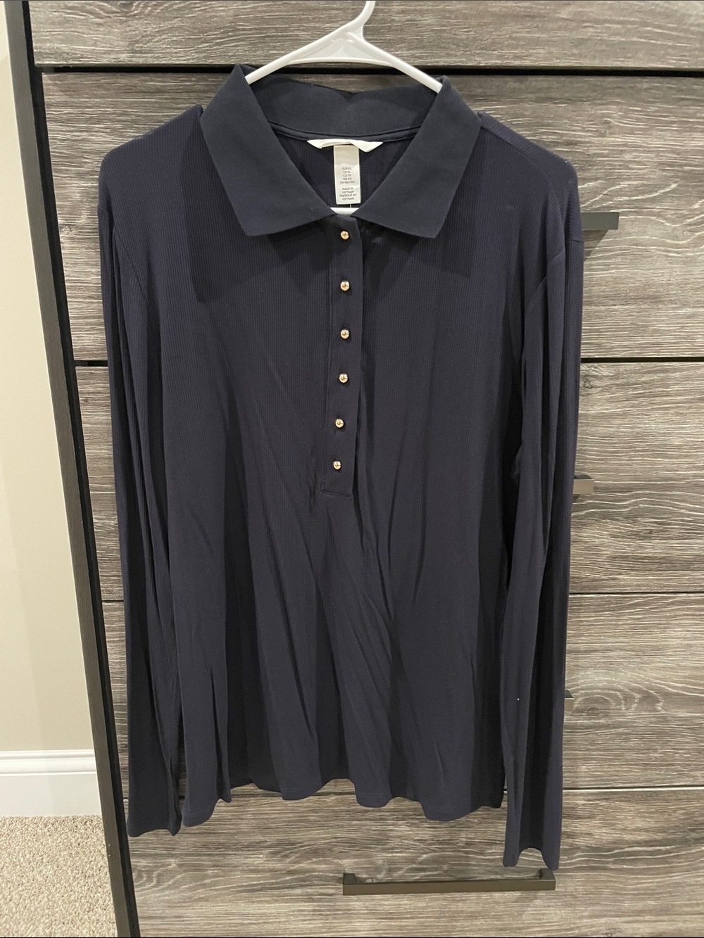 H&M Navy Long-Sleeve Polo Top with Button Placket